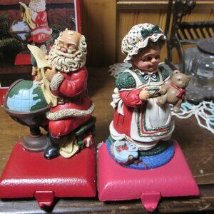 vtg 90s cast iron stocking holders set of two Mr. Mrs. Klaus hand painted